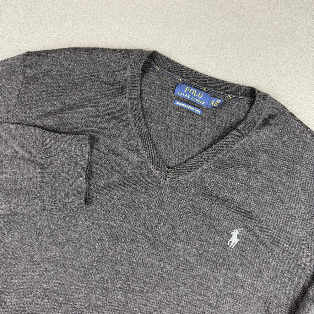 Polo‎ Ralph Lauren Sweater Mens XL Extra Large Gray V-Neck Washable Merino Wool